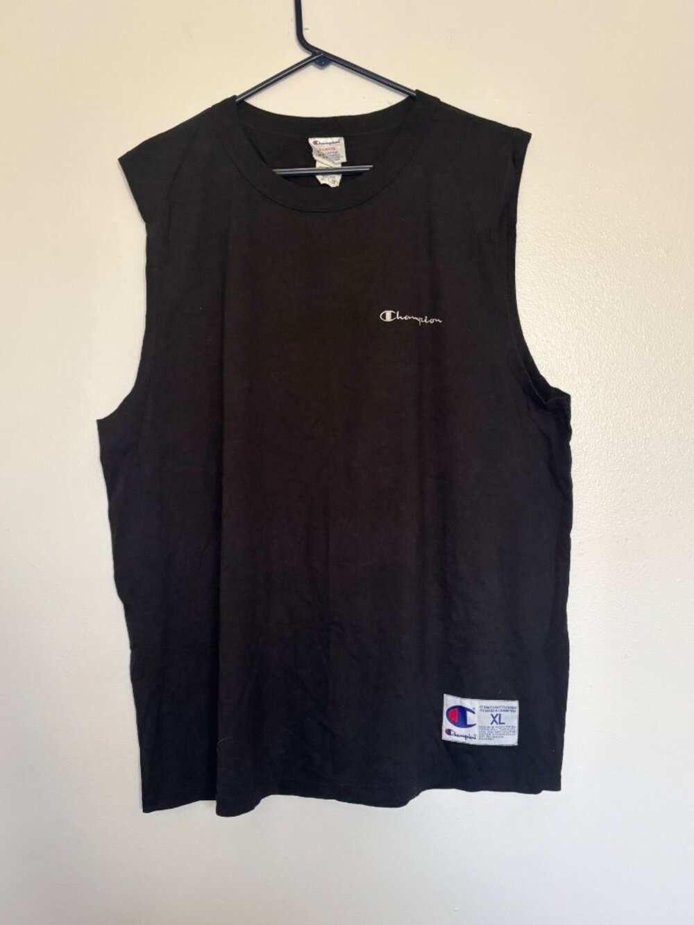 Vintage Champion Black Sleeveless T-Shirt XL Script Logo 90s Y2K